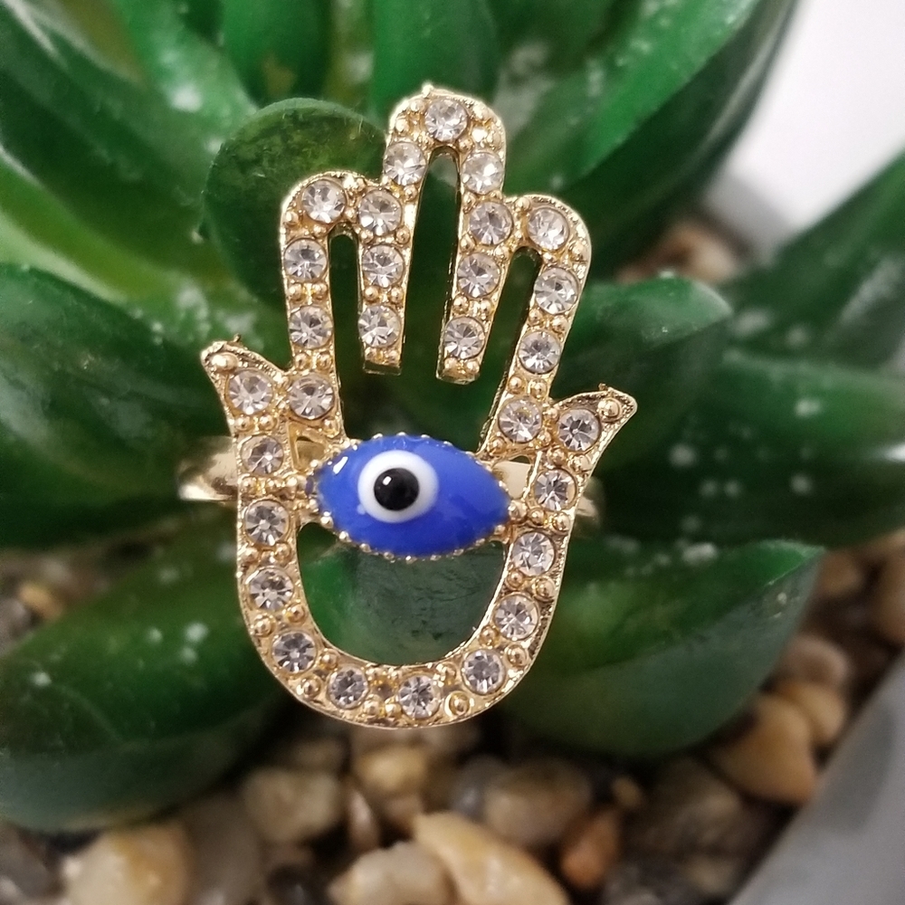 3/$30🦋 Hamsa Hand Evil Eye Adjustable Rhinestone Ring New